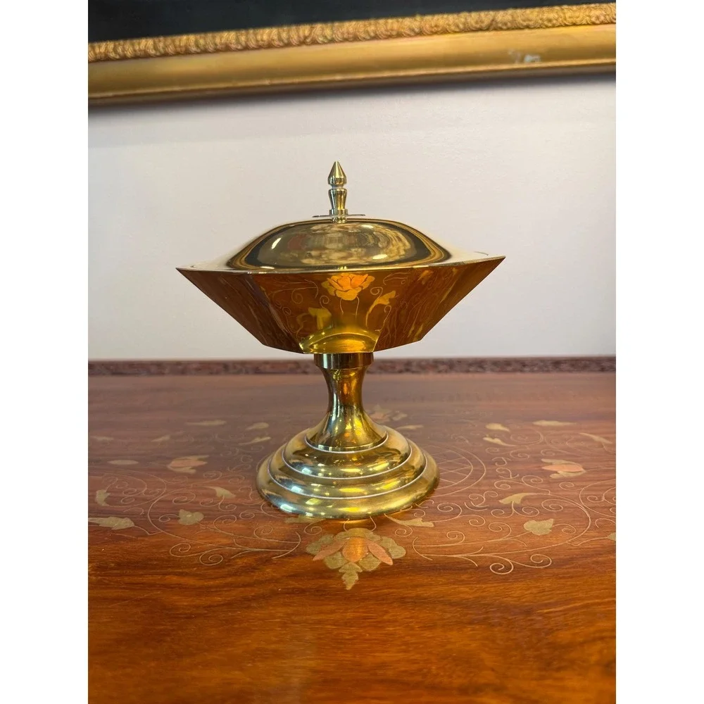 Vintage Solid Brass Lidded Pedestal Bowl • Octagonal Compote